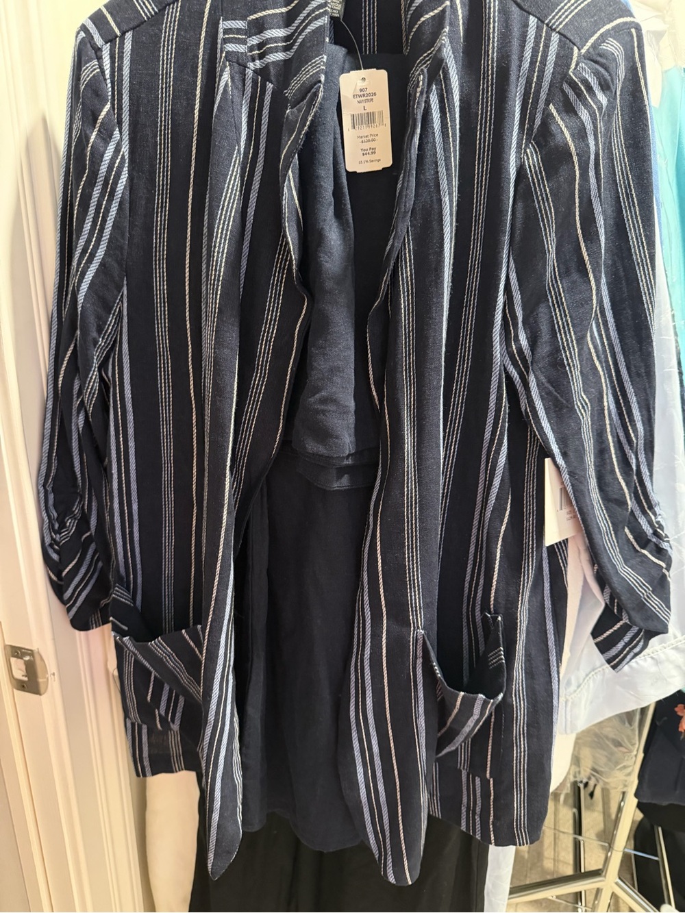 Navy Blue Striped Open Front Cardigan